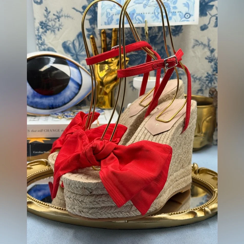 🆕 LOEFFLER RANDALL 🧿 NWOB Angelina Red Moiré Bow Wedge Espadrille, Sz 7
